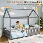 Lit cabane AMERLIFE pour enfants, taille jumeau, avec garde-corps, barrières amovibles, toit cabane, cadre de lit Montessori en bois, assemblage facile