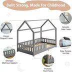 Lit cabane AMERLIFE pour enfants, taille jumeau, avec garde-corps, barrières amovibles, toit cabane, cadre de lit Montessori en bois, assemblage facile
