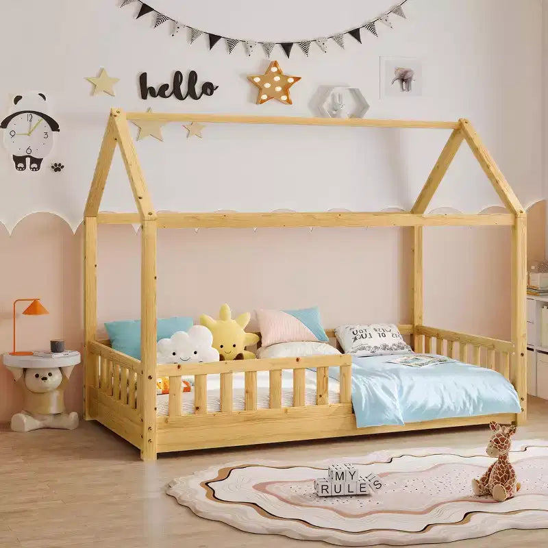 Lit cabane AMERLIFE pour enfants, taille jumeau, avec garde-corps, barrières amovibles, toit cabane, cadre de lit Montessori en bois, assemblage facile
