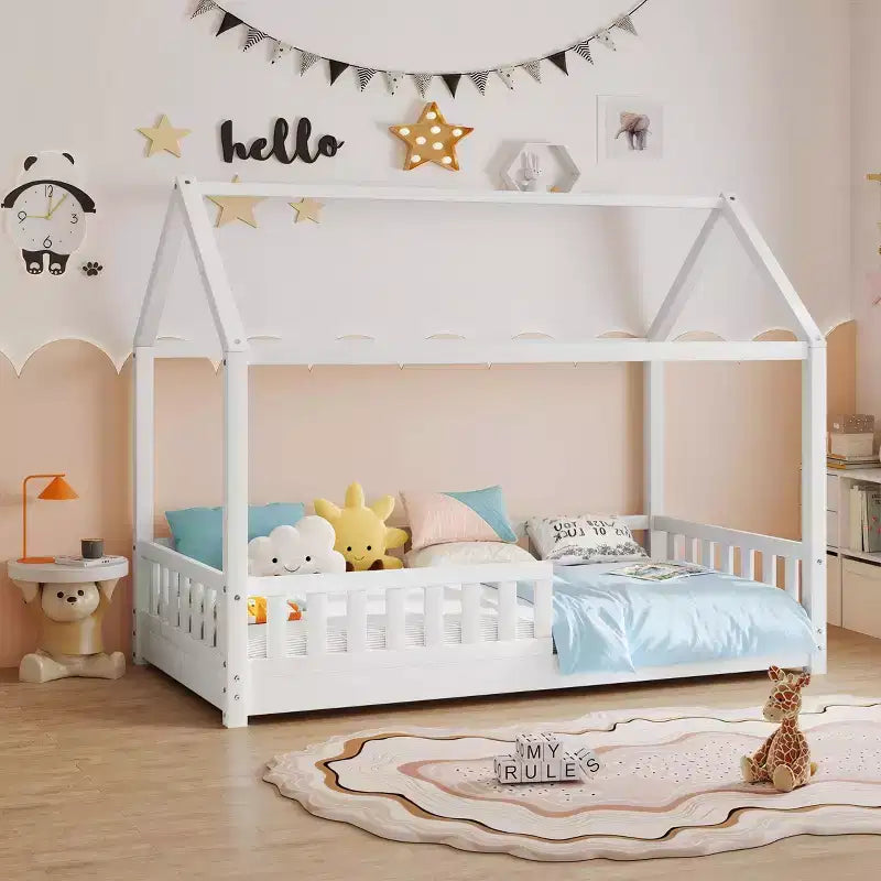 Lit cabane AMERLIFE pour enfants, taille jumeau, avec garde-corps, barrières amovibles, toit cabane, cadre de lit Montessori en bois, assemblage facile