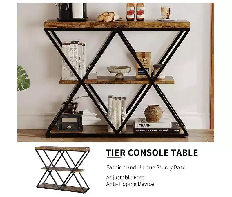 Console de table industrielle à 3 niveaux avec cadre en métal en forme de X, table console/canapé à étagère ouverte pour salon avec pieds réglables