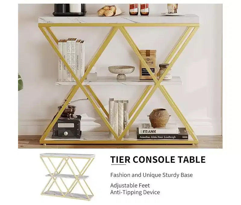 Console de table industrielle à 3 niveaux avec cadre en métal en forme de X, table console/canapé à étagère ouverte pour salon avec pieds réglables