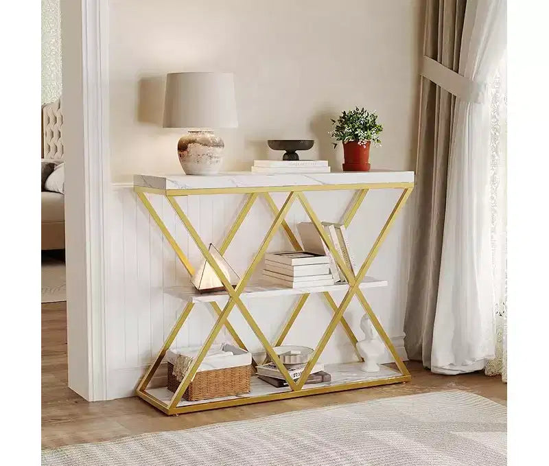 Console de table industrielle à 3 niveaux avec cadre en métal en forme de X, table console/canapé à étagère ouverte pour salon avec pieds réglables