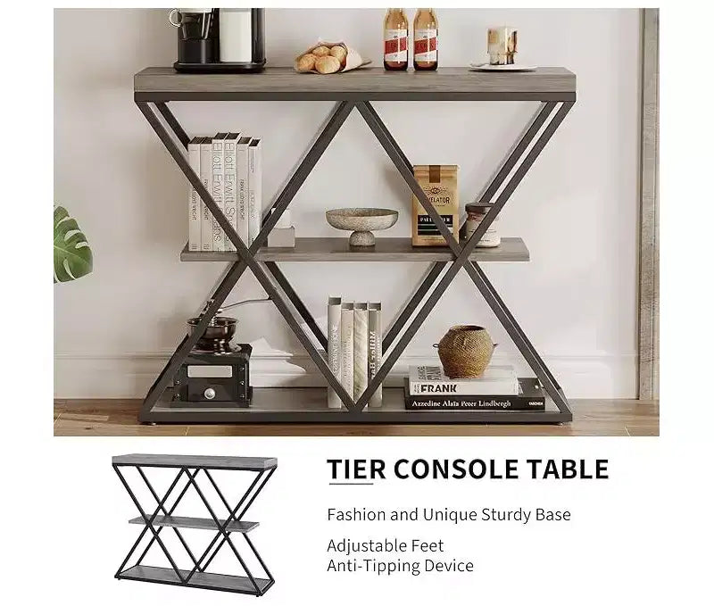 Console de table industrielle à 3 niveaux avec cadre en métal en forme de X, table console/canapé à étagère ouverte pour salon avec pieds réglables