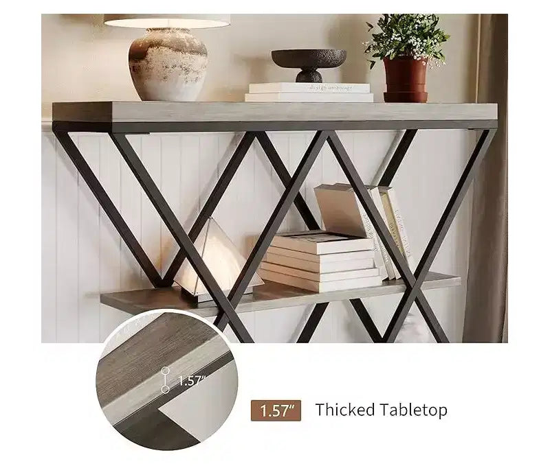 Console de table industrielle à 3 niveaux avec cadre en métal en forme de X, table console/canapé à étagère ouverte pour salon avec pieds réglables