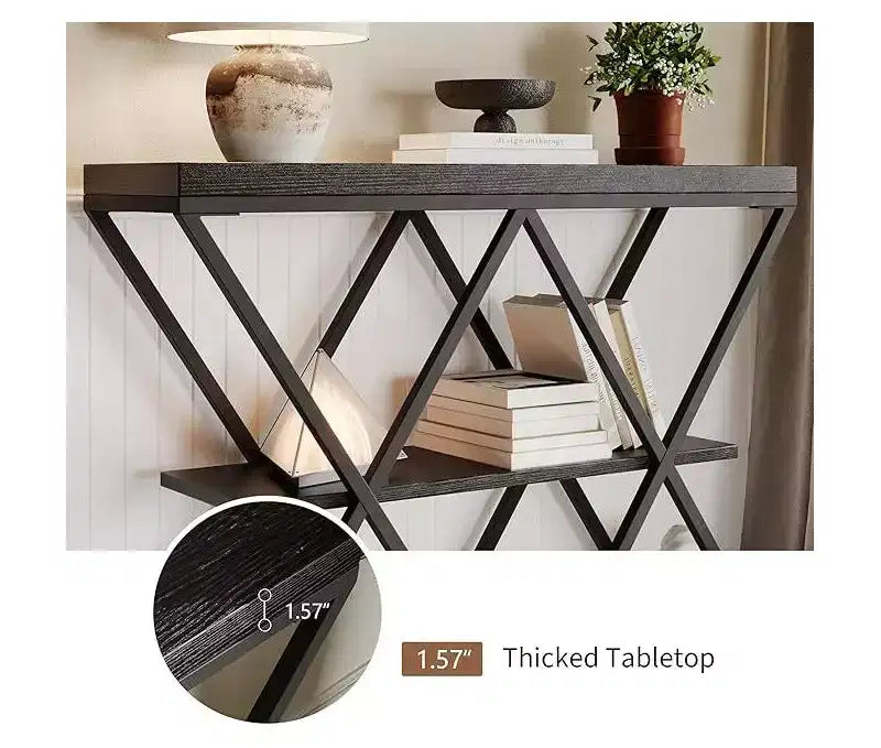 Console de table industrielle à 3 niveaux avec cadre en métal en forme de X, table console/canapé à étagère ouverte pour salon avec pieds réglables