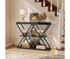 Console de table industrielle à 3 niveaux avec cadre en métal en forme de X, table console/canapé à étagère ouverte pour salon avec pieds réglables