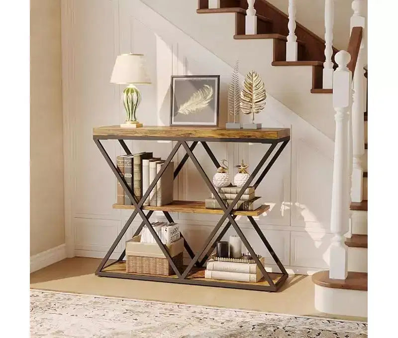 Console de table industrielle à 3 niveaux avec cadre en métal en forme de X, table console/canapé à étagère ouverte pour salon avec pieds réglables