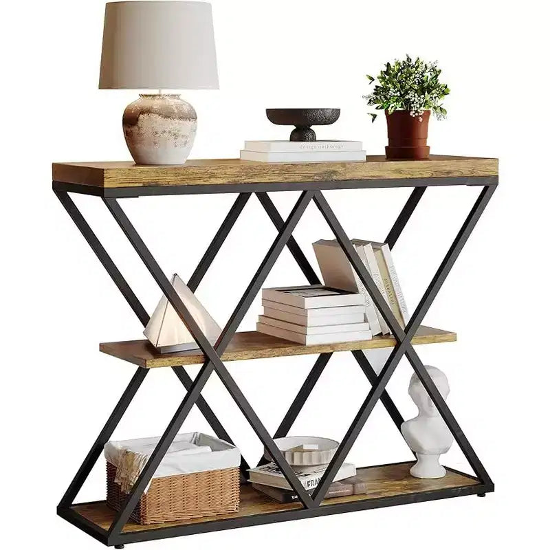 Console de table industrielle à 3 niveaux avec cadre en métal en forme de X, table console/canapé à étagère ouverte pour salon avec pieds réglables