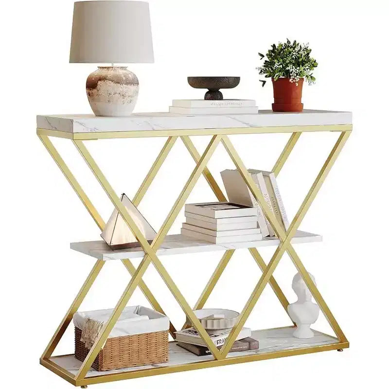 Console de table industrielle à 3 niveaux avec cadre en métal en forme de X, table console/canapé à étagère ouverte pour salon avec pieds réglables