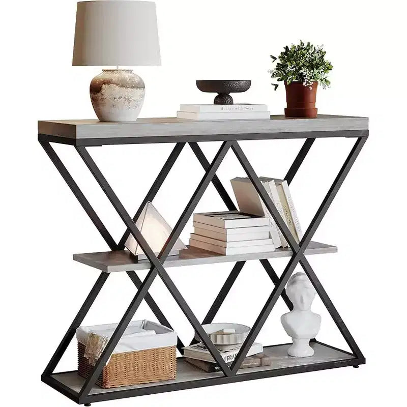 Console de table industrielle à 3 niveaux avec cadre en métal en forme de X, table console/canapé à étagère ouverte pour salon avec pieds réglables