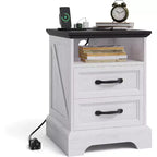 Farmhouse Bedside Table with 2 Drawers, Open Shelf, USB and Socket for Small Bedroom Space, 2 Pieces in a Set, Country Style