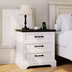 Table de chevet et d'appoint de style rustique de 24 pouces avec station de recharge et 3 grands tiroirs, petit espace, table d'appoint blanche, un paquet