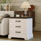 Table de chevet et d'appoint de style rustique de 24 pouces avec station de recharge et 3 grands tiroirs, petit espace, table d'appoint blanche, un paquet