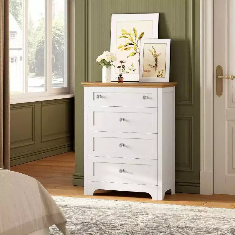 Table de chevet Acekool à 4 tiroirs avec plateau en verre, commode moderne pour chambre, salon, entrée