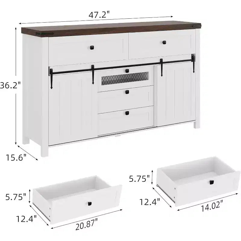 Buffet de ferme Acekool, Bahut de cuisine avec portes coulissantes façon grange et 5 tiroirs, Meuble de rangement pour bar à café pour salle à manger et salon