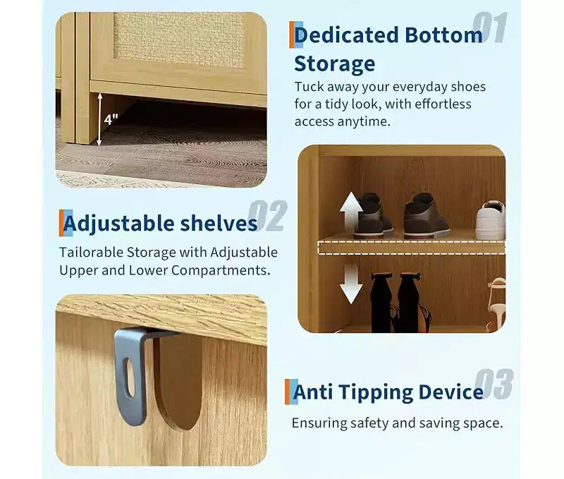 Meuble à chaussures en rotin avec portes en rotin ventilées et finition chaleureuse en grain de bois, étagères réglables pour un rangement flexible