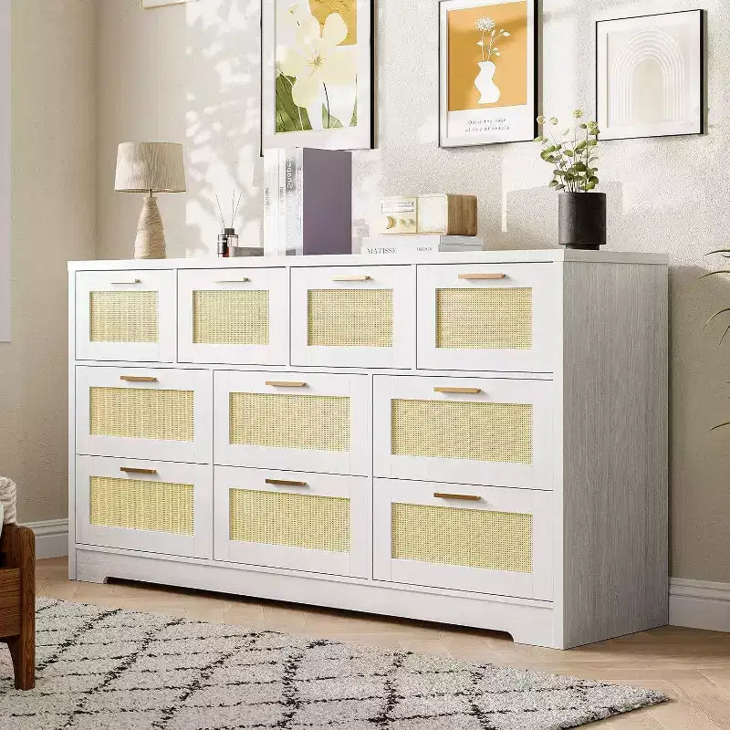 Commode Acekool en rotin à 10 tiroirs, commode de style ferme moderne de 150 cm de large, organisateur de rangement pour chambre, salon, entrée