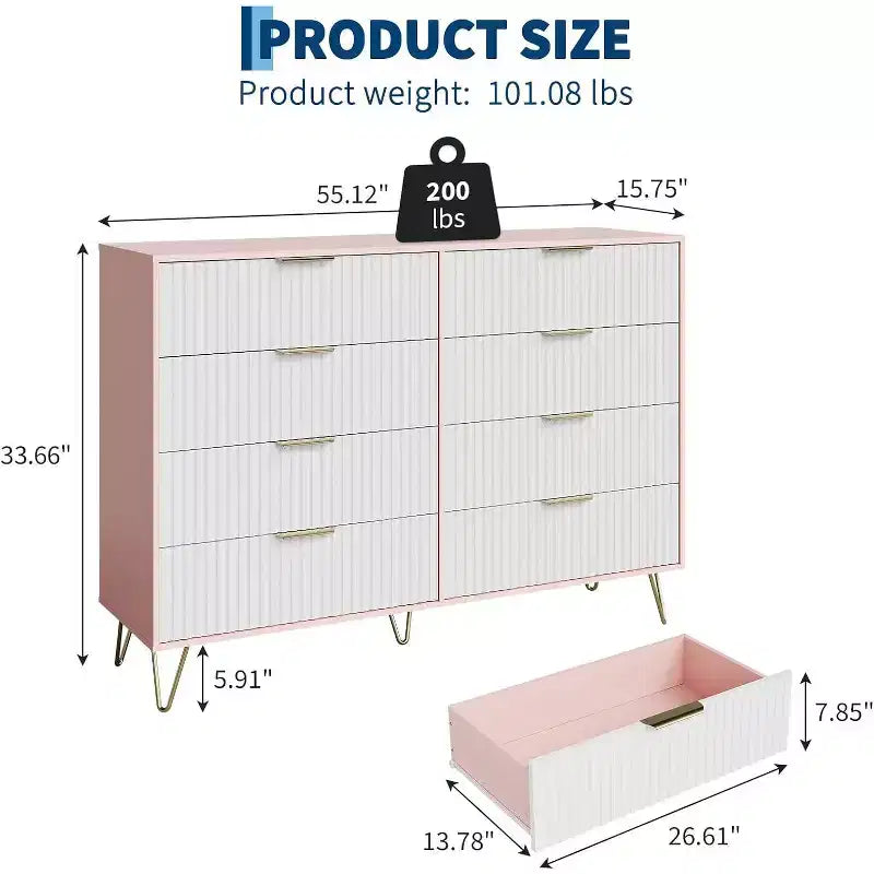 Commode moderne en bois à 8 tiroirs cannelés de 55" avec poignées métalliques - Organisateur de rangement polyvalent et meuble TV pour chambre et salon.