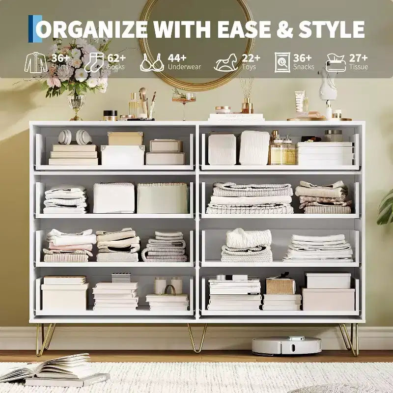 Commode moderne en bois à 8 tiroirs cannelés de 55" avec poignées métalliques - Organisateur de rangement polyvalent et meuble TV pour chambre et salon.