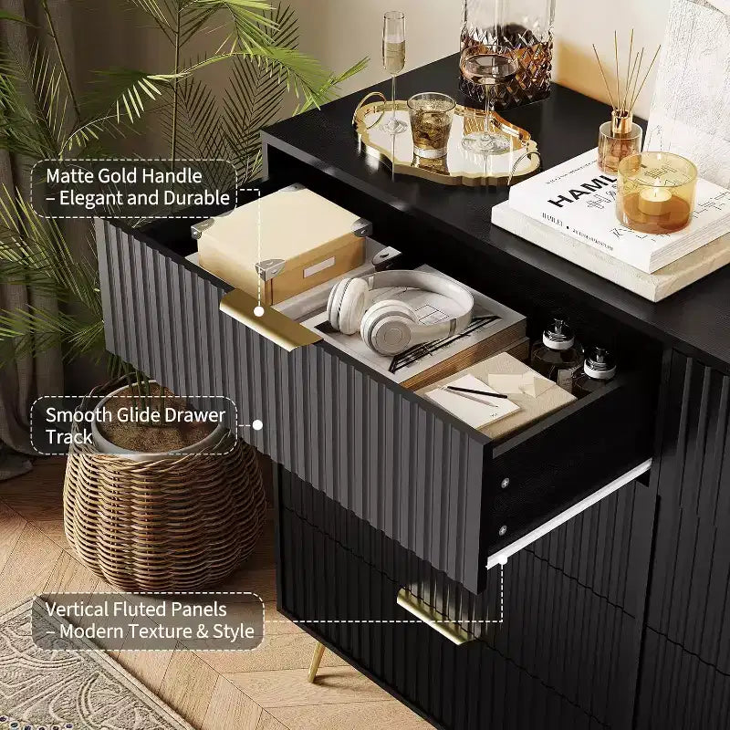 Commode moderne en bois à 8 tiroirs cannelés de 55" avec poignées métalliques - Organisateur de rangement polyvalent et meuble TV pour chambre et salon.