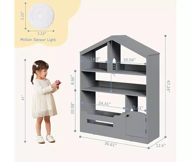 Étagère à Livres et Organisateur de Rangement de Jouets pour Enfants à 3 Niveaux avec Lumière à Détecteur de Mouvement C Porte-Livres en Bois pour Salles de Jeux, Salles de Classe et Chambres à Coucher