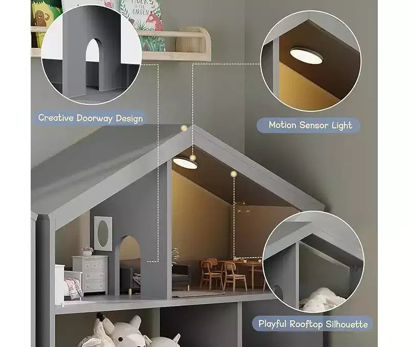 Étagère à Livres et Organisateur de Rangement de Jouets pour Enfants à 3 Niveaux avec Lumière à Détecteur de Mouvement C Porte-Livres en Bois pour Salles de Jeux, Salles de Classe et Chambres à Coucher