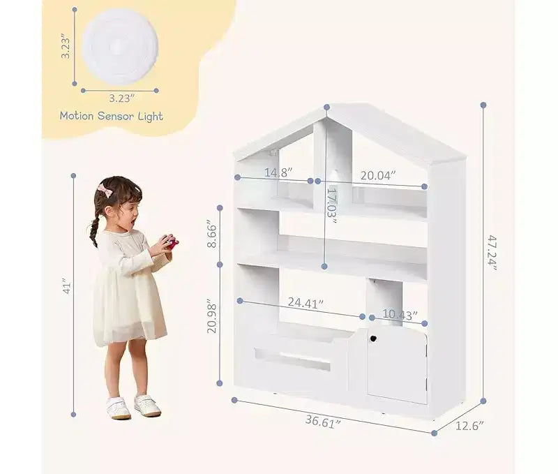 Étagère à Livres et Organisateur de Rangement de Jouets pour Enfants à 3 Niveaux avec Lumière à Détecteur de Mouvement C Porte-Livres en Bois pour Salles de Jeux, Salles de Classe et Chambres à Coucher