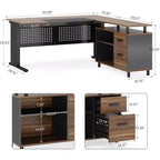 Bureau de direction Lantine de 160 cm avec classeur, grand bureau d'angle en L avec tiroirs pour bureau à domicile, marron et noir