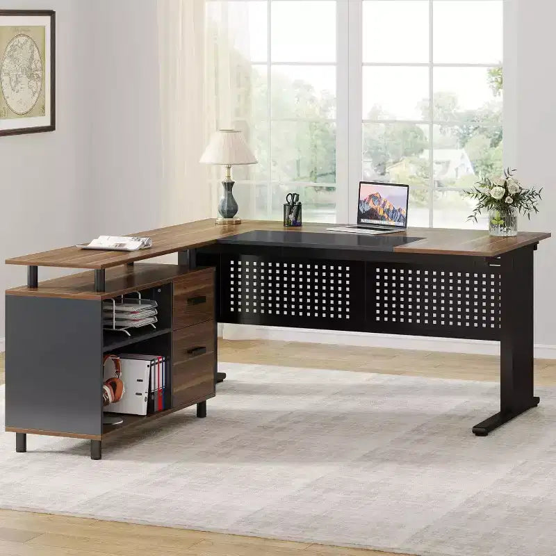 Bureau de direction Lantine de 160 cm avec classeur, grand bureau d'angle en L avec tiroirs pour bureau à domicile, marron et noir