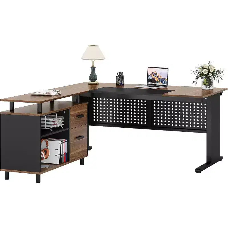 Bureau de direction Lantine de 160 cm avec classeur, grand bureau d'angle en L avec tiroirs pour bureau à domicile, marron et noir