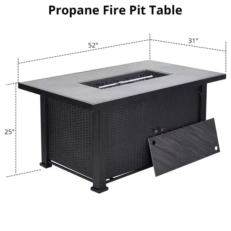 Table Foyer, 52'' 2-en-1 50 000 BTU Foyer Extérieur au Gaz Foyer Rectangulaire au Propane avec Protection en Verre/Couvercle/Rangement/Housses