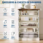 Commode haute 5 tiroirs cannelée avec poignées métalliques, rangement en bois peu encombrant pour appartement et chambre d'amis