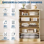 Commode haute 5 tiroirs cannelée avec poignées métalliques, rangement en bois peu encombrant pour appartement et chambre d'amis