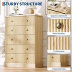 Commode haute 5 tiroirs cannelée avec poignées métalliques, rangement en bois peu encombrant pour appartement et chambre d'amis