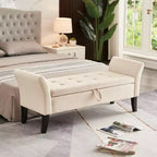 51.5'' Upholstered Storage Ottoman Bench With Arms Tufted Bed Bench Entryway Bench With Storage Velvet End Of Bed Bench, Beige