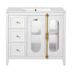 Meuble-lavabo de salle de bain 36 po avec rangement, armoire de plancher de salle de bain en bois avec tiroirs et portes à fermeture amortie,