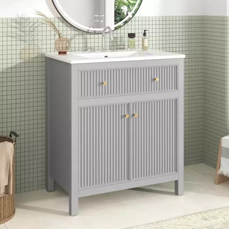 Meuble-lavabo de salle de bain de 30 po avec évier, armoire de rangement de salle de bain avec tiroirs et portes à fermeture douce, meuble-lavabo simple, gris