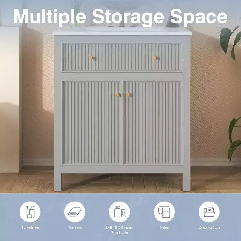 Meuble-lavabo de salle de bain de 30 po avec évier, armoire de rangement de salle de bain avec tiroirs et portes à fermeture douce, meuble-lavabo simple, gris