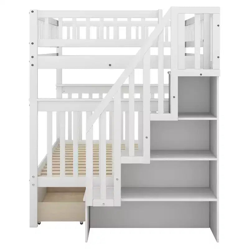 Lit superposé Whisen double sur double avec deux tiroirs et escalier de rangement