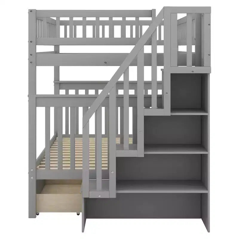 Lit superposé Whisen double sur double avec deux tiroirs et escalier de rangement