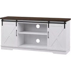 Farmhouse TV Stand for Televisions up to 65 Inches, Entertainment Center with Sliding Barn Doors, Storage CabinetsAdjustable, White & Brown