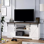 Meuble TV de style rustique pour téléviseurs jusqu'à 65 pouces, meuble de divertissement avec portes coulissantes de grange, armoires de rangement réglables, blanc et marron