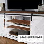 Meuble TV de style rustique pour téléviseurs jusqu'à 65 pouces, meuble de divertissement avec portes coulissantes de grange, armoires de rangement réglables, blanc et marron
