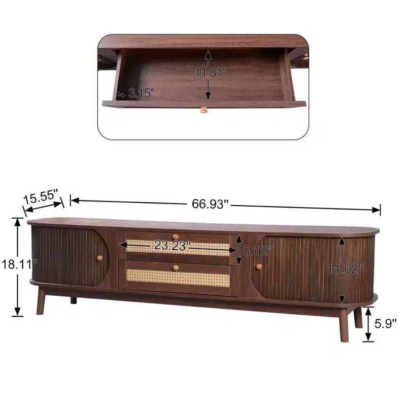 Meuble TV en rotin marron de 170 cm avec pieds en bois massif pour téléviseurs jusqu'à 75 pouces, idéal pour le salon.