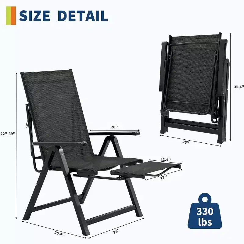 Fauteuil pliant d'extérieur avec accoudoirs et repose-pieds, inclinable multiposition (10 positions), portable pour jardin, camping