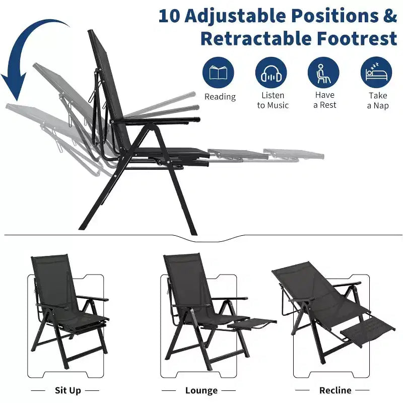 Fauteuil pliant d'extérieur avec accoudoirs et repose-pieds, inclinable multiposition (10 positions), portable pour jardin, camping