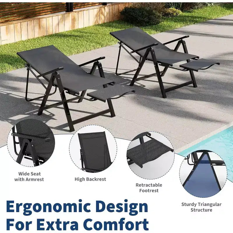 Fauteuil pliant d'extérieur avec accoudoirs et repose-pieds, inclinable multiposition (10 positions), portable pour jardin, camping