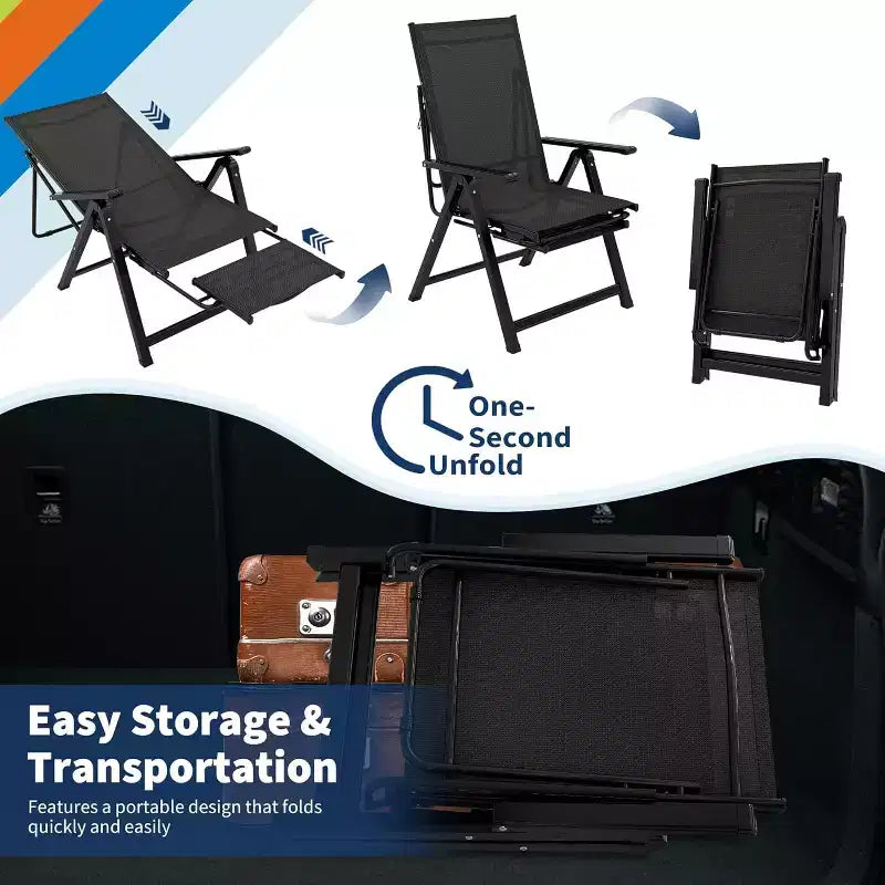 Fauteuil pliant d'extérieur avec accoudoirs et repose-pieds, inclinable multiposition (10 positions), portable pour jardin, camping