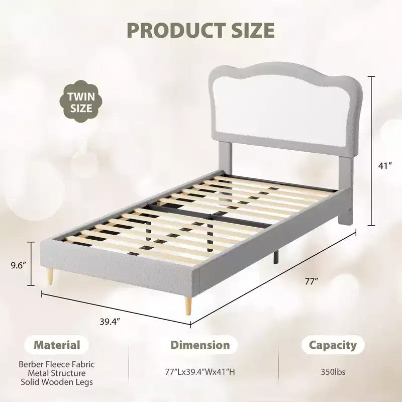 Lit Coolmee Magic Ring en polaire sherpa, pieds en bois massif supportant jusqu'à 158 kg, lattes en MDF avec velcro, silencieux, assemblage sans outils pour enfants, gris